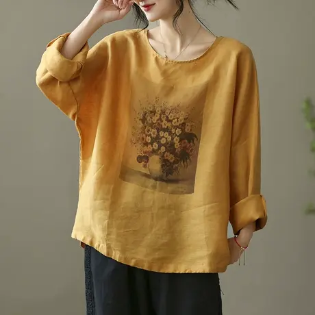 dza复古薄款长袖亚麻上衣女士春夏新款宽松棉麻t恤打底衫休闲内搭商品大图