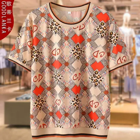 加肥加大码中年胖妈妈夏季冰丝上衣宽松时尚印花百搭休闲短袖T恤商品大图