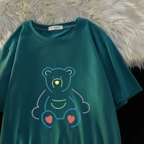 大版短袖t恤女设计感2023春夏欧美小众中长款小熊印花半袖上衣潮商品大图