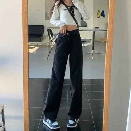 牛仔阔腿裤子女2022新款春秋宽松高腰直筒显瘦拖地长裤高街潮ins图片