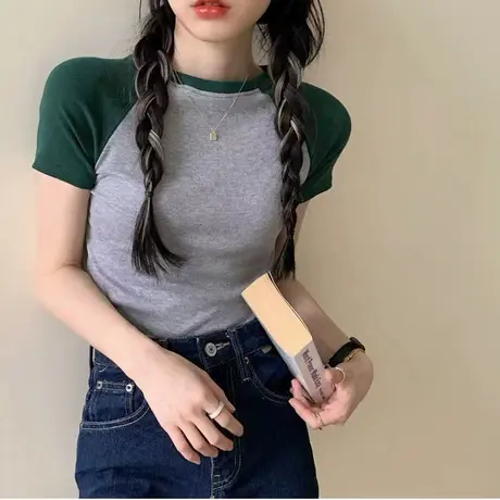 设计感小众拼色短袖T恤女夏ins潮辣妹短款高腰修身显瘦半袖上衣服商品大图