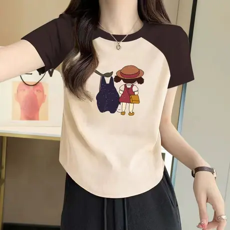 不规则正肩拼接短袖夏季2023新款修身小个子短款上衣纯棉插肩t恤商品大图