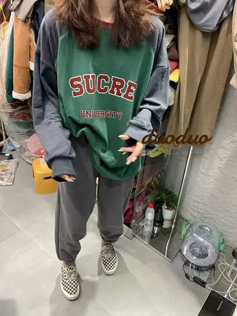 2023春秋装新款韩版宽松字母图案拼色袖长袖T恤女打底衫洋气上衣商品大图