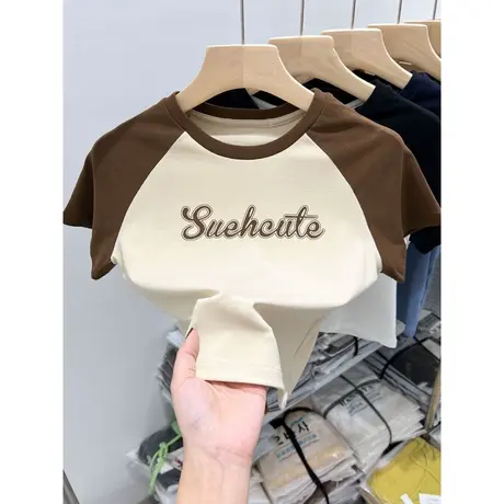 小个子短款短袖T恤女2023新款夏装修身韩版百搭撞色插肩半袖上衣商品大图