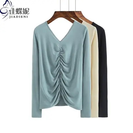 春秋季新款V领修身显瘦韩版长袖体恤打底内搭上衣褶皱女装纯白T恤图片