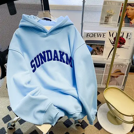 美式复古蓝色刺绣字母卫衣女春秋薄款宽松慵懒设计感上衣连帽外套商品大图