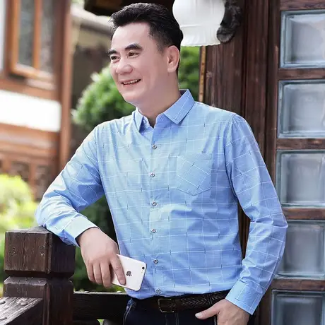 男士衬衫长袖春秋爸爸装上衣服中老年人格子衬衣夏季休闲薄款寸衫图片