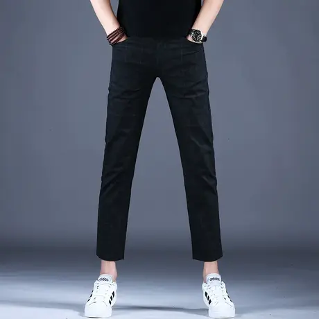 春夏新款男士休闲九分裤简约黑色修身格子花精致小脚男潮牌棉弹裤图片