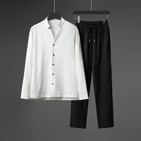 2023新款男士冰丝衬衫痞帅白衬衣V领长袖发型师潮牌男装休闲套装图片