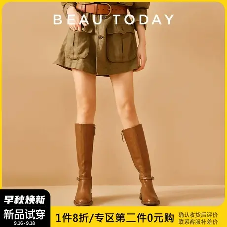 BeauToday棕色复古长靴机车骑士靴女BT秋季新款水洗马皮女靴单靴图片