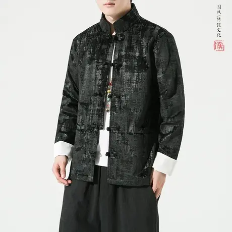 秋冬季新款黑色夹克男装提花汉服中国风唐装男中老年外套盘扣上衣图片