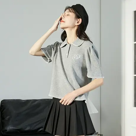 唐狮polo衫春夏季女士短袖小众设计感上衣基础甜美别致内搭ins商品大图