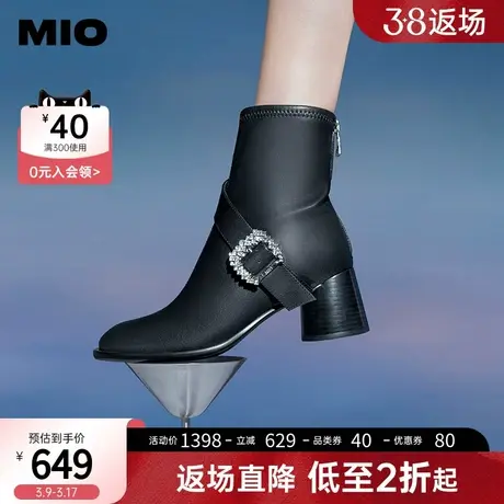 MIO米奥秋冬款靴子闪钻扣带弹力靴真皮气质瘦瘦靴加绒粗跟袜靴女商品大图