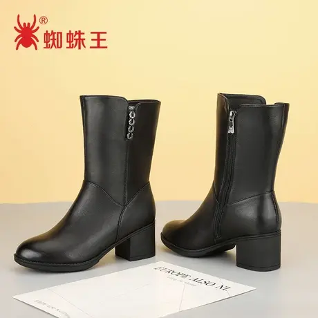 蜘蛛王女靴秋冬季新款真皮中筒靴女鞋粗跟英伦风女鞋加绒棉靴图片