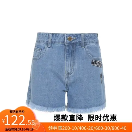 【艾格】高腰牛仔裤2022夏季新款女全棉刺绣贴毛边修身显瘦短裤子商品大图