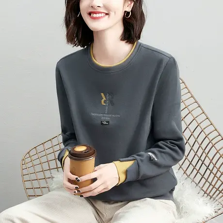 正肩圆领加绒卫衣女秋冬2023年新款洋气中年妈妈显瘦上衣服长袖衫商品大图