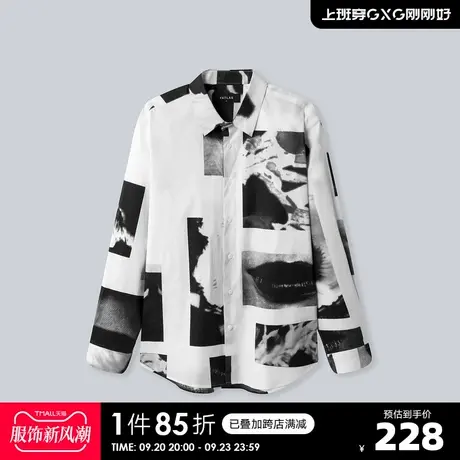 YATLAS亚锐男装2020年秋季商场同款黑白色翻领长袖衬衫男潮图片