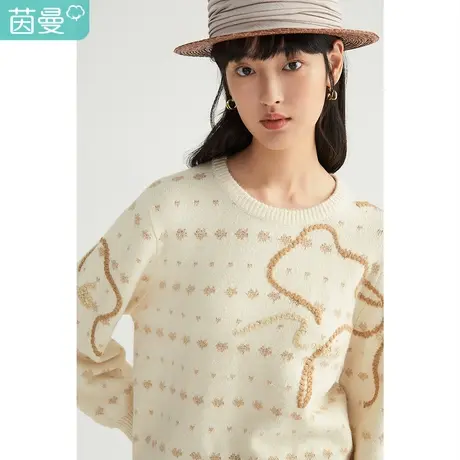 【商场同款】茵曼2022年春季新款女圆领撞色提花复古宽松套头毛衣图片