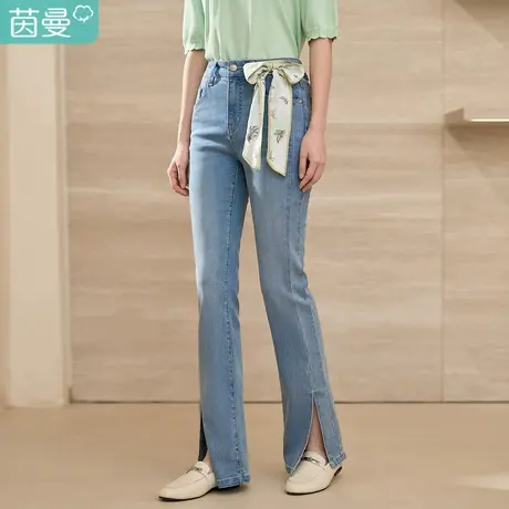 茵曼通勤直筒牛仔裤女2023年春季新款休闲高腰配丝巾开叉显瘦长裤图片