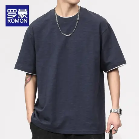 罗蒙圆领纯色短袖t恤男士潮牌大码男装体恤夏季2023新款衣服男款商品大图