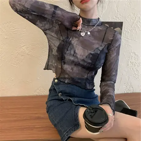 质感防晒衣内搭长袖扎染t恤女夏季网纱打底衫薄款短冰丝罩衫上衣图片