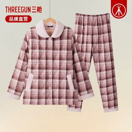 三枪睡衣女新款冬夹棉三层加厚格子可外穿宽松保暖女士家居服套装商品大图