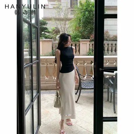 韩语琳 黑色修身高领针织背心女夏季外穿高级感气质显瘦无袖上衣图片