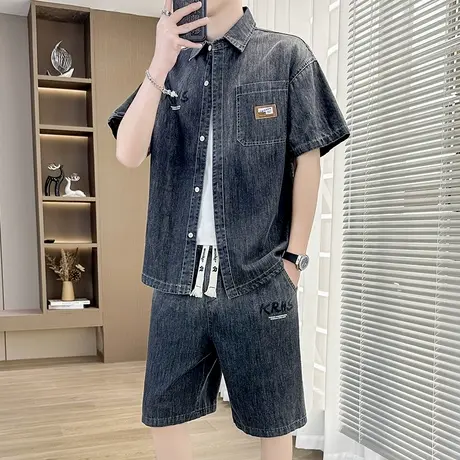 牛仔短袖衬衫男夏季青少年潮流潮牌痞帅衬衣夏天初中高中学生寸衫图片