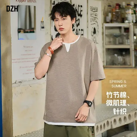 青少年亨利领竹节棉t恤男2025新款半袖男款拼接上衣夏季短袖美式商品大图