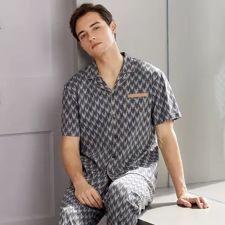 秋鹿睡衣纯棉针织印花开衫男士睡衣休闲舒适可外穿男士家居服商品大图