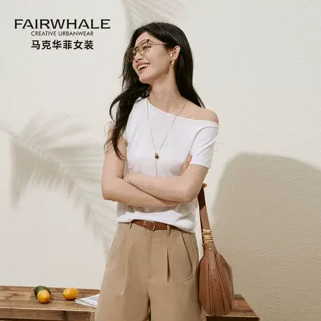 马克华菲大圆领露肩两穿针织短袖T恤女夏季新款弹力显瘦亚麻上衣图片