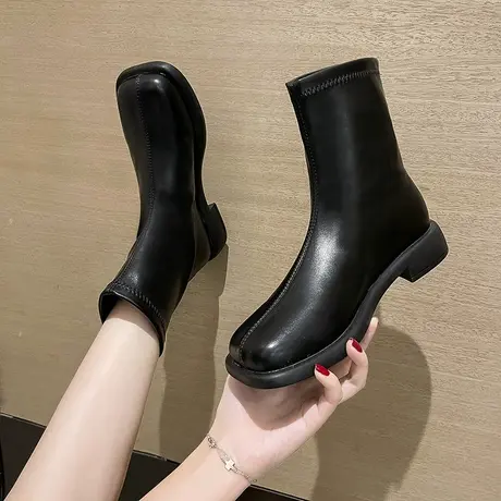 软皮弹力瘦瘦靴子女平底小短靴2023年新款春秋单靴切尔西靴马丁靴图片