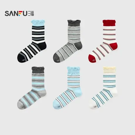 三福 女短筒袜两双装 学院运动风条纹抗菌柔软女袜袜子506618商品大图