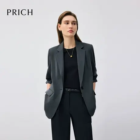 PRICH时尚智性抽皱七分袖西装2025秋新款简约干练气质通勤外套女图片