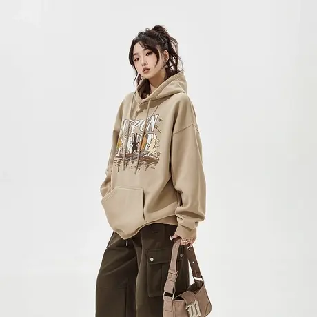 YEP美式复古连帽卫衣女2023年新款秋冬加绒外套潮牌复古宽松上衣商品大图