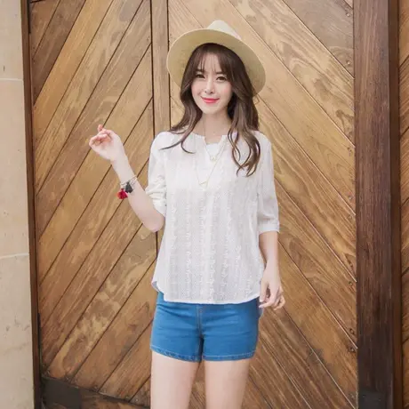 桔熊夏季韩版白色清新提花五分袖气质薄款上衣女装小衫大码AA9033图片