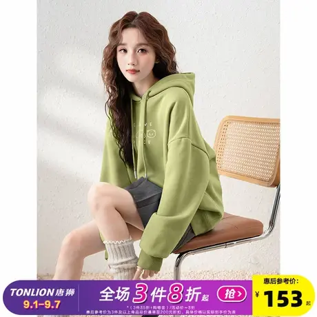 唐狮2025春秋新款连帽卫衣女美拉德刺绣加绒卫衣小个子oversize图片