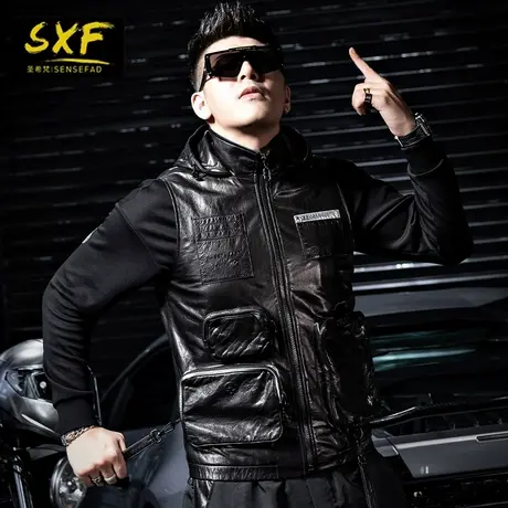 SXF圣希梵真皮马甲男 无袖连帽外套工装机能夹克潮牌机车男士坎肩商品大图