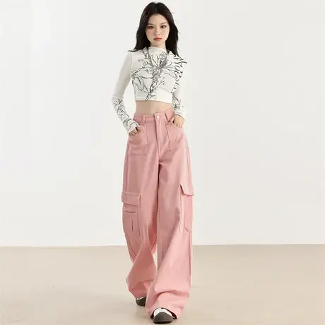 唐狮美式休闲工装牛仔裤女2024年秋冬季多巴胺色百搭宽松阔腿裤GT图片