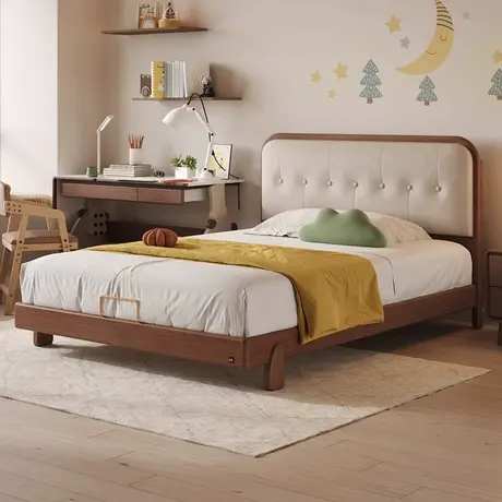 顾家家居实木北美黑胡桃木全实木中古风简约青年床儿童皮艺软包床商品大图