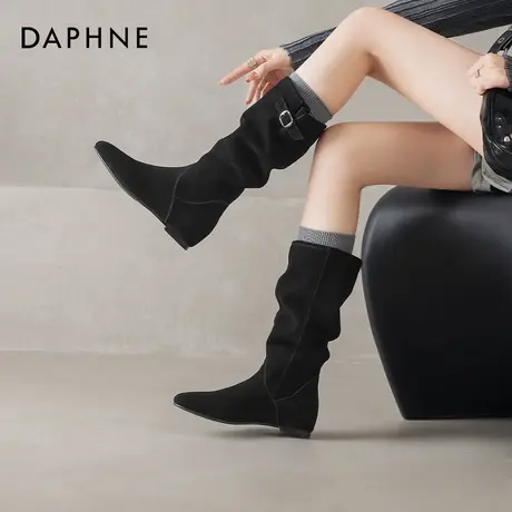 达芙妮平底黑色高筒长靴2026新款秋冬季加绒美拉德堆堆骑士长筒靴商品大图