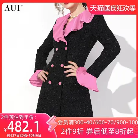 AUI黑色御姐气质小香风外套女冬2023新款高端名媛修身中长款大衣图片