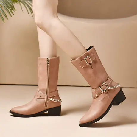 西部牛仔靴子女中筒靴方跟百搭堆堆靴女高跟尖头马丁靴女英伦风图片