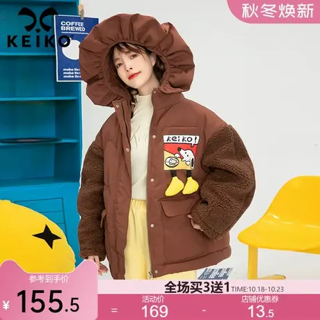 趣味卡通贴花短款加厚棉服外套女2022新款保暖毛绒袖冬天连帽棉袄商品大图