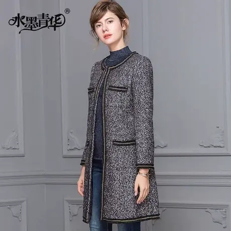 水墨青华2023冬季新品中长款过膝百搭外套女时尚显瘦毛呢保暖大衣商品大图