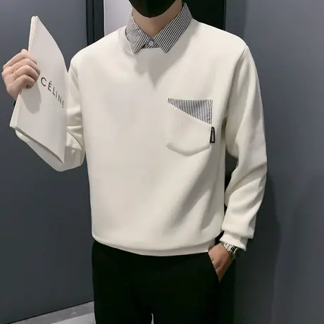 假两件条纹衬衫领加绒卫衣男秋冬个性小众高级感ins长袖保暖T恤衫商品大图