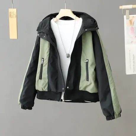 时尚拼色连帽夹棉外套女韩范保暖外套减龄百搭小个子冲锋衣夹克衫图片