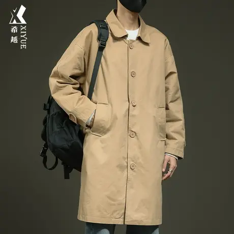 希越秋冬季长款风衣男士复古英伦风过膝外套宽松大码翻领纯棉衬衣商品大图