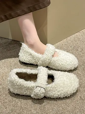 白色羊羔毛毛鞋子女软底2023年新款秋冬季保暖平底棉鞋玛丽珍单鞋商品大图