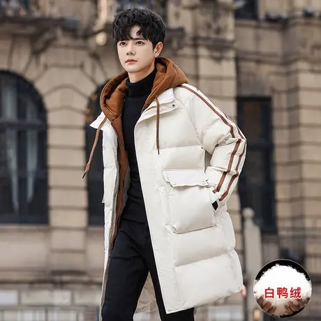 冬季中长款连帽羽绒服假两件男士潮流情侣加厚保暖白鸭绒防寒外套图片
